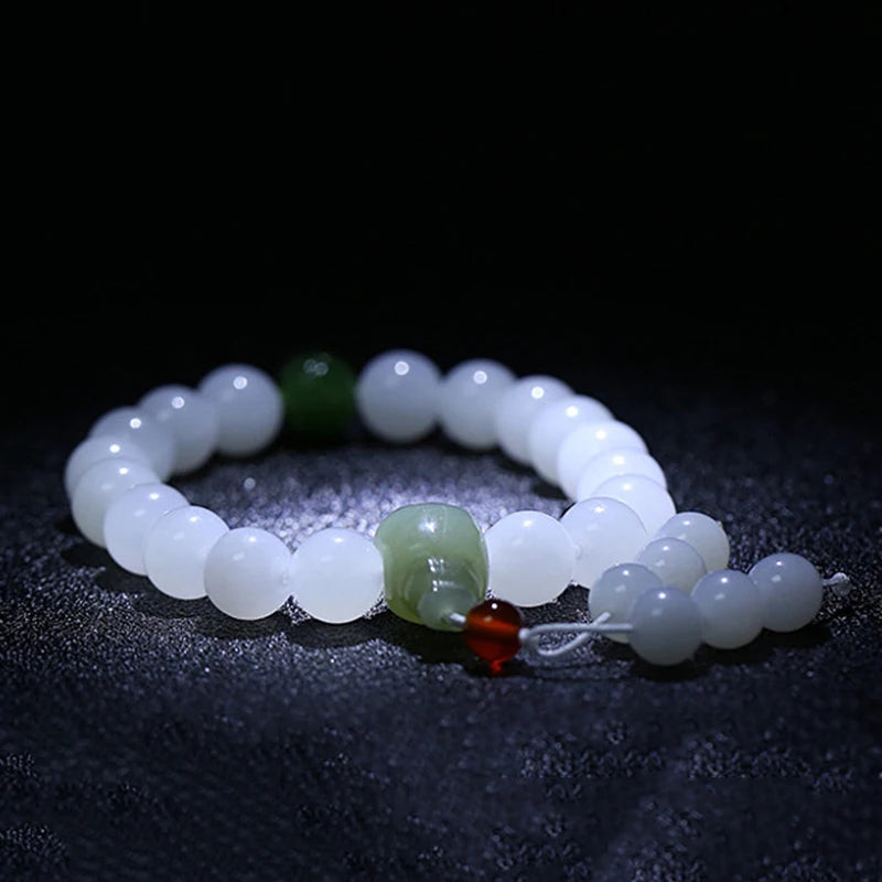 Hetian White Jade Flower Pendant Bracelet｜10mm Natural Bead Set