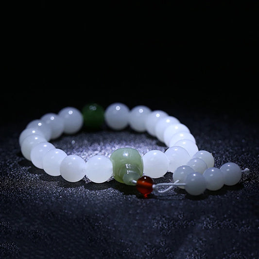 Hetian White Jade Flower Pendant Bracelet｜10mm Natural Bead Set