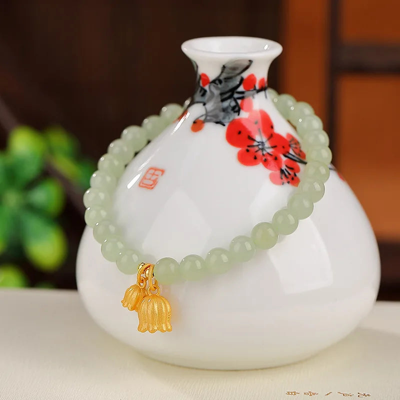 Blue Hotan Jade Gradient Bead Bracelet｜S925 Gold-Plated Elegance