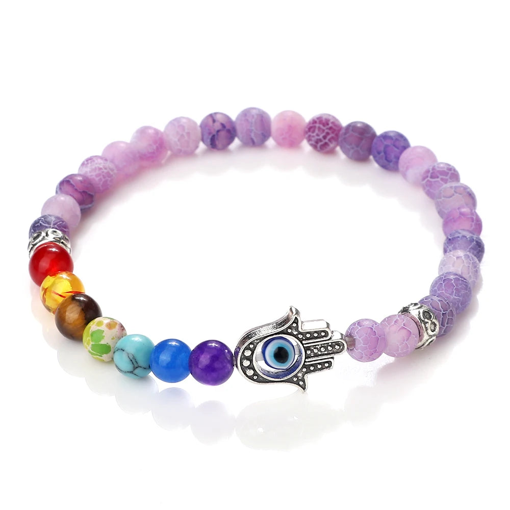6mm天然石七脉轮弹力手链｜掌形邪眼护符 男女通用