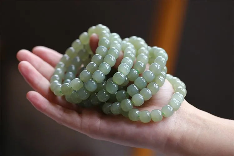 Natural Hetian Jade Green Bead Bracelet — Handmade Lucky Strand