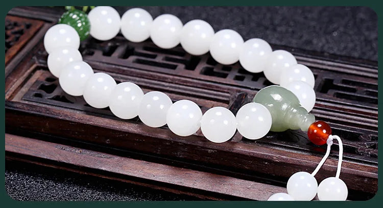 Hetian White Jade Flower Pendant Bracelet｜10mm Natural Bead Set