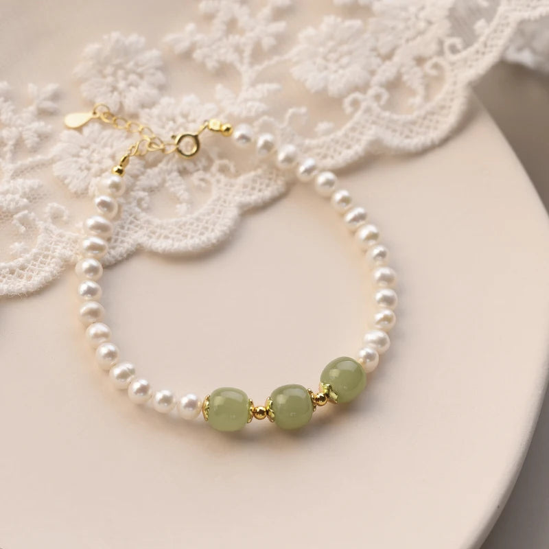Hotan Jade & Pearl 925 Silver Stretch Bracelet - Light Luxury Gift