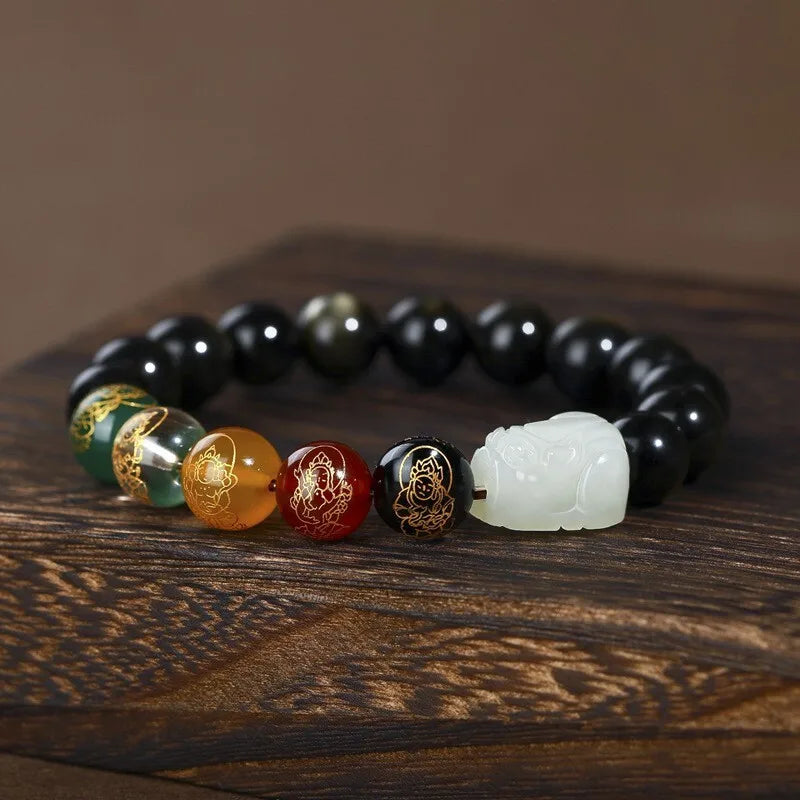 Natural Bracelet For Male High End Hotan Jade Pixiu Attracts Money And Obsidian Five Way God Of Wealth Buddha Beads Give Gifts