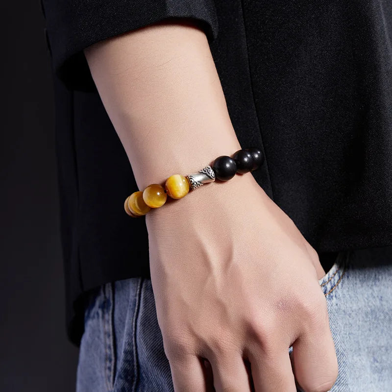 Men Bicolor Tiger Eye & Obsidian Tree of Life Bracelet - Lucky Crystal