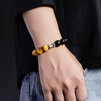 Men Bicolor Tiger Eye & Obsidian Tree of Life Bracelet - Lucky Crystal