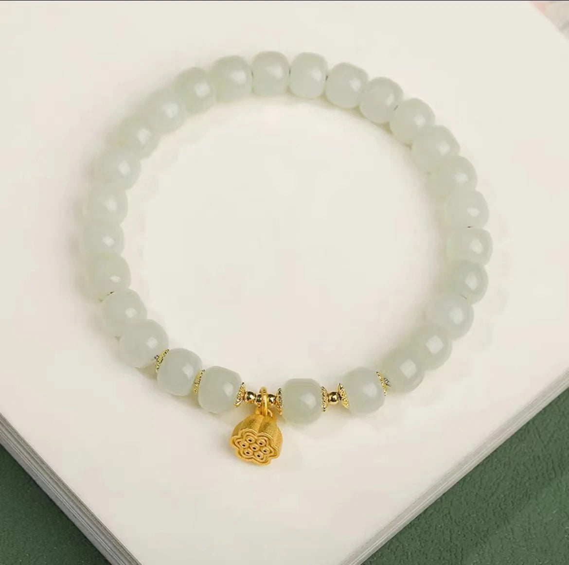 White Hotan Jade 6mm Bracelet｜Lotus Nephrite Lucky Amulet