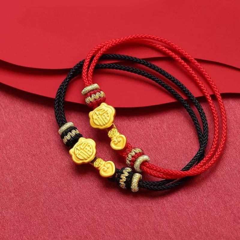 Ruyi Fu Garnet Bracelet - Golden Woven Red & Black Amulet