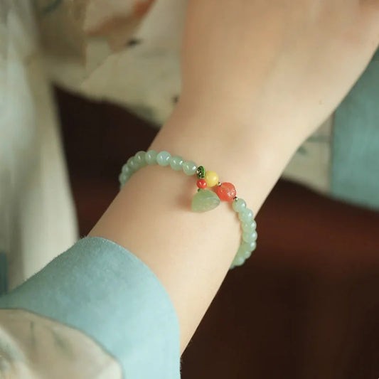 Natural Hotan Jade Honey-Wax Bracelet｜Red Lotus Heart Single Loop