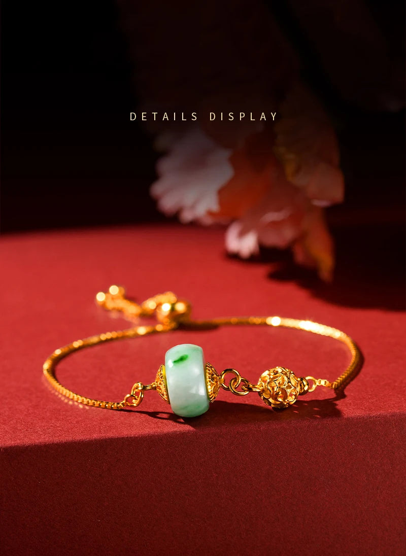 Jade & Gold-Plated Beaded Bangle｜Vintage Feng Shui Bracelet