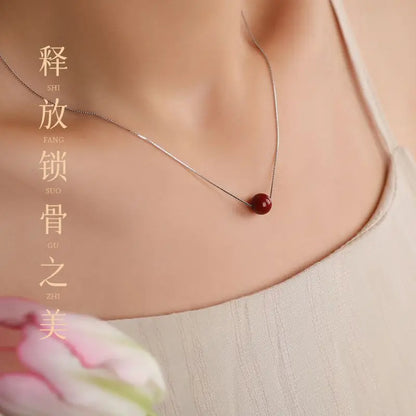 Natural Cinnabar Water-Drop Pendant Necklace｜Silver Chain Lucky Beads