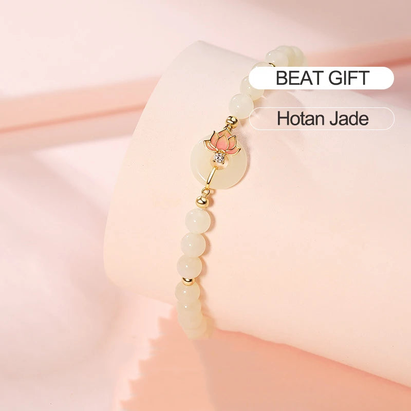 Hotan White Jade Lotus Bracelet｜Chinese Style Feng Shui Gift