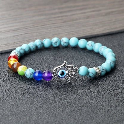 6mm天然石七脉轮弹力手链｜掌形邪眼护符 男女通用