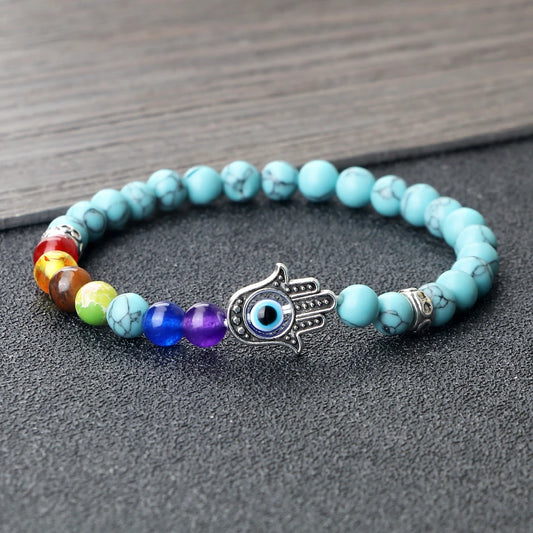 6mm天然石七脉轮弹力手链｜掌形邪眼护符 男女通用