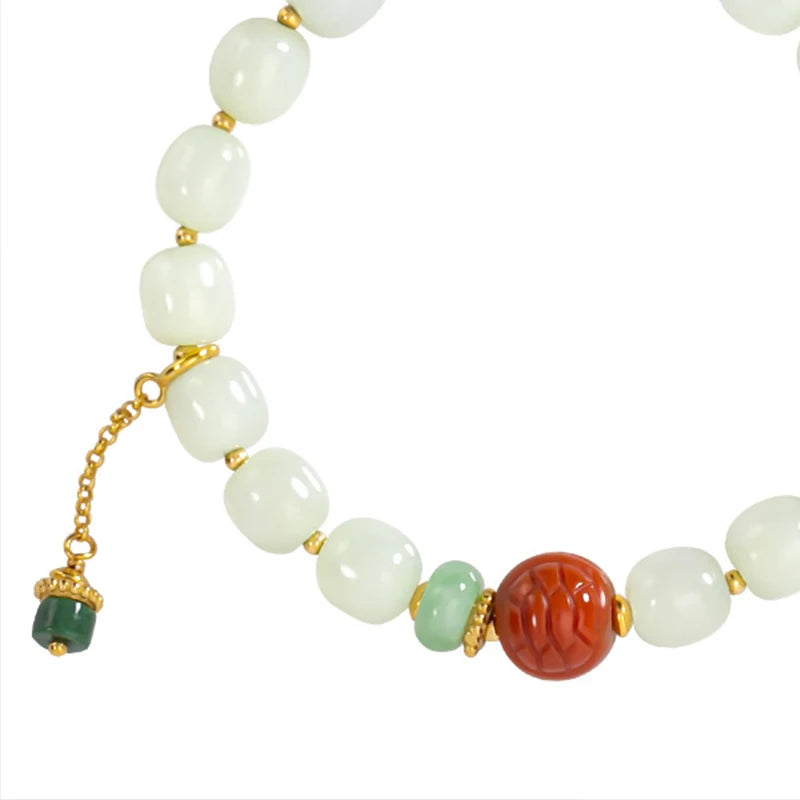 White Jade & Green Jasper Amber Beaded Bracelet - Vintage Charm