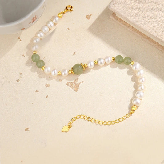 Green Agate & Jade Elastic Bead Bracelet — Wedding Gift Charm