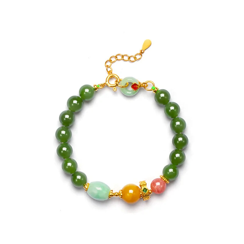 Hetian Jasper & Wax Amber Hand Chain｜Tibetan Silver Rope