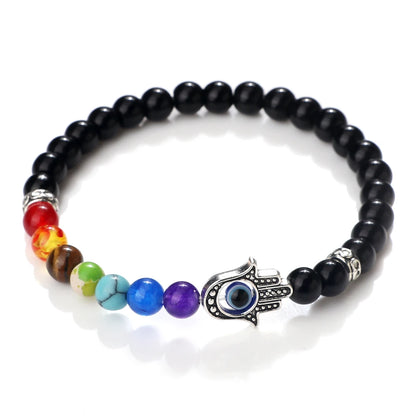 6mm天然石七脉轮弹力手链｜掌形邪眼护符 男女通用