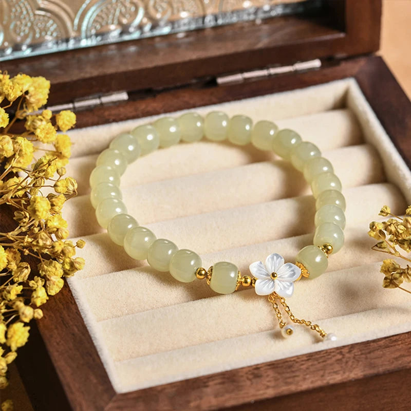 Peach Blossom Pearl & Hetian Jade Hand‑Woven Tassel Bracelet