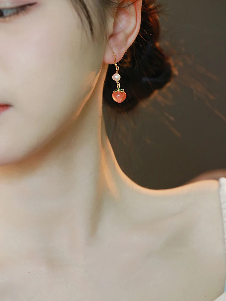 Red Agate Peach Jade Hook Earrings - Vintage Pearl Gift