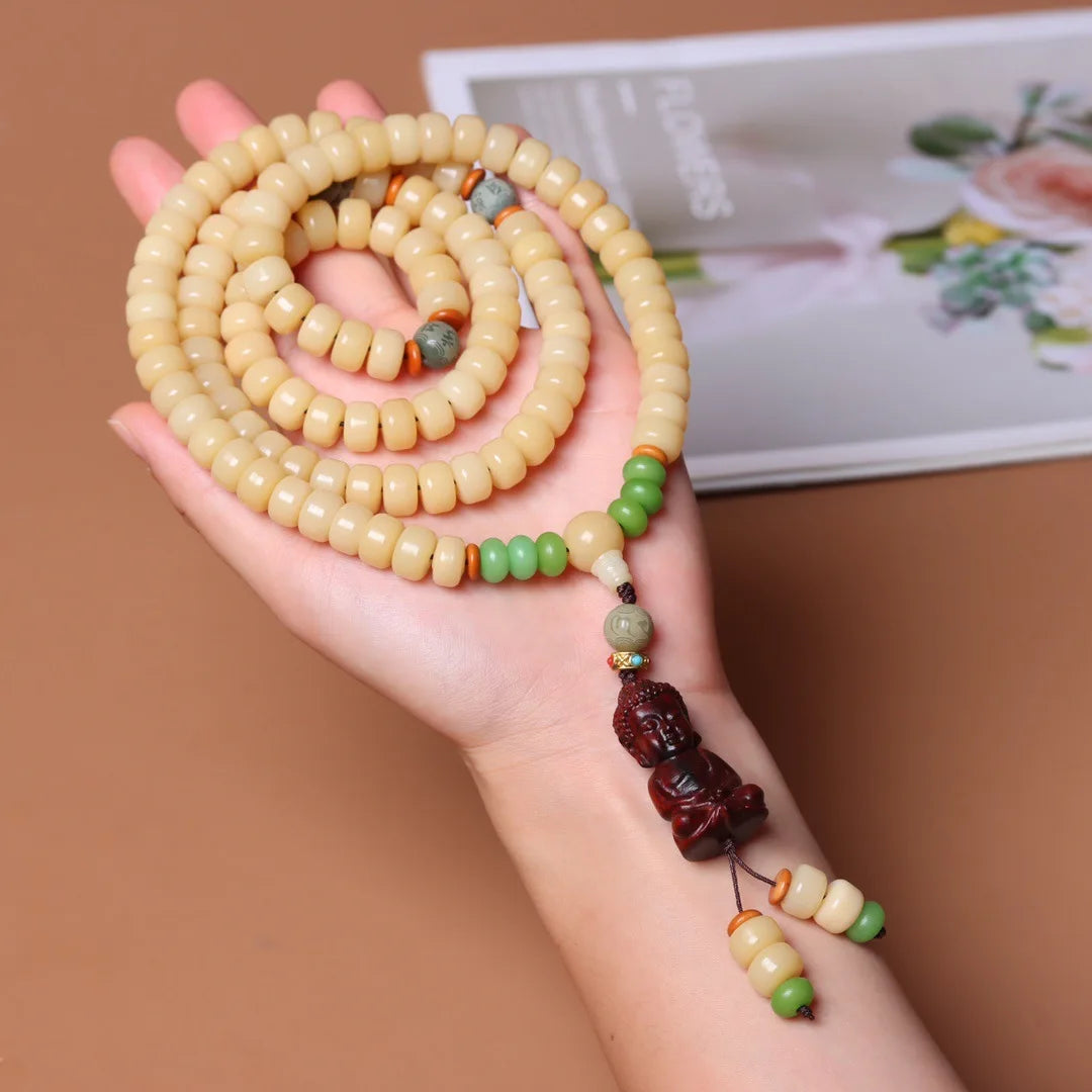 White Jade Bodhi Root Wrap Bracelet — Multi-Treasure