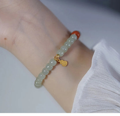 Hetian Jade & Red Bead Handstring Bracelet for Women