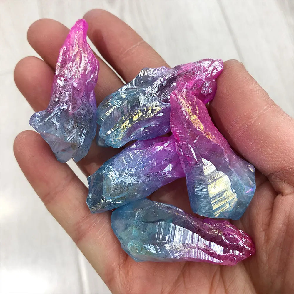粉蓝电镀石英水晶尖原石摆件｜水族造景 风水净化能量