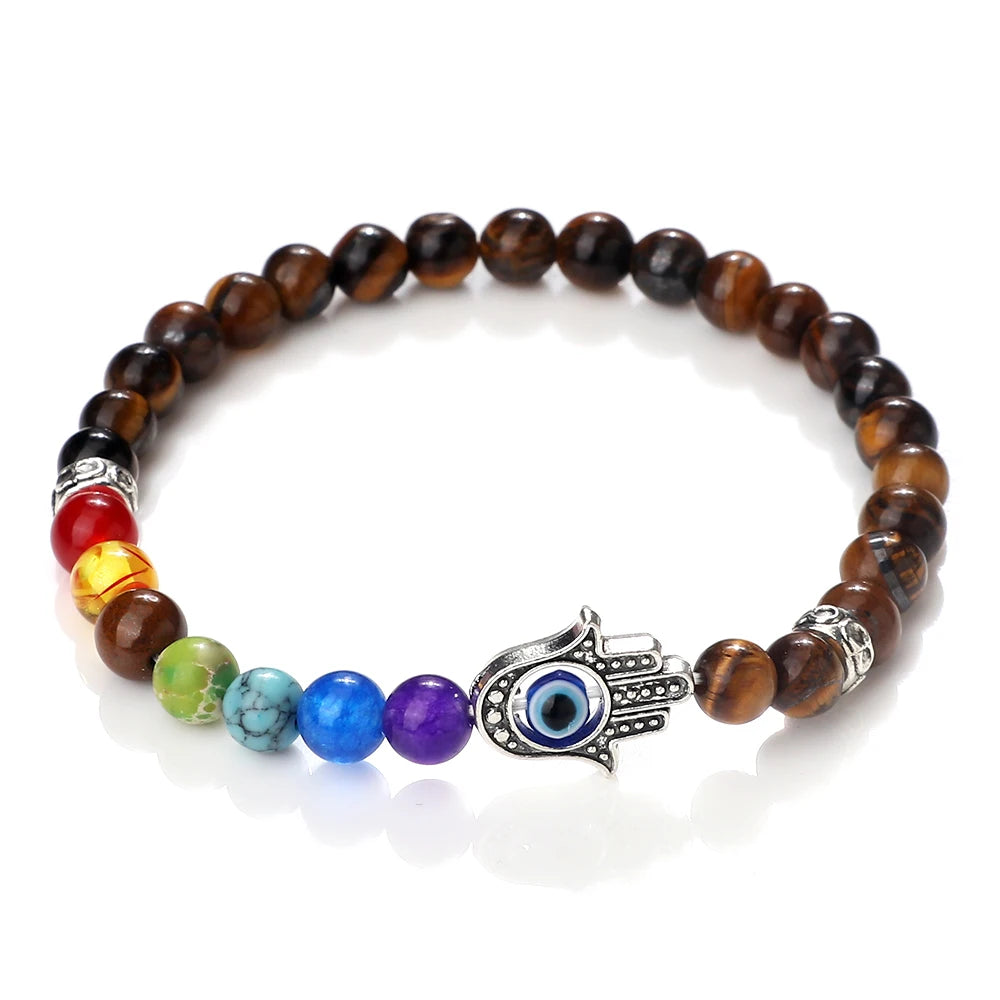 6mm天然石七脉轮弹力手链｜掌形邪眼护符 男女通用