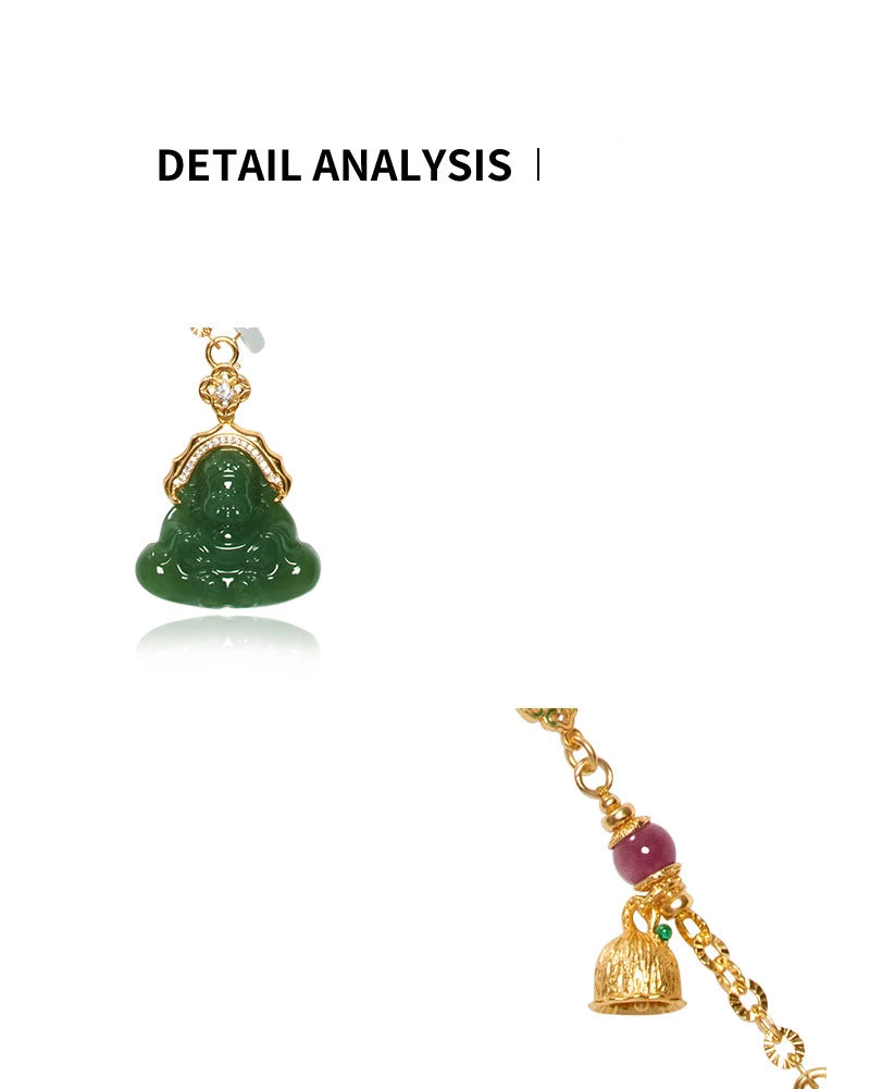 Green Jade-Look Smile Buddha Choker - Lucky Titanium Chain