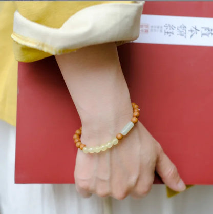 Small Leaf Red Sandalwood & Fatty Jade Unisex Bead Bracelet