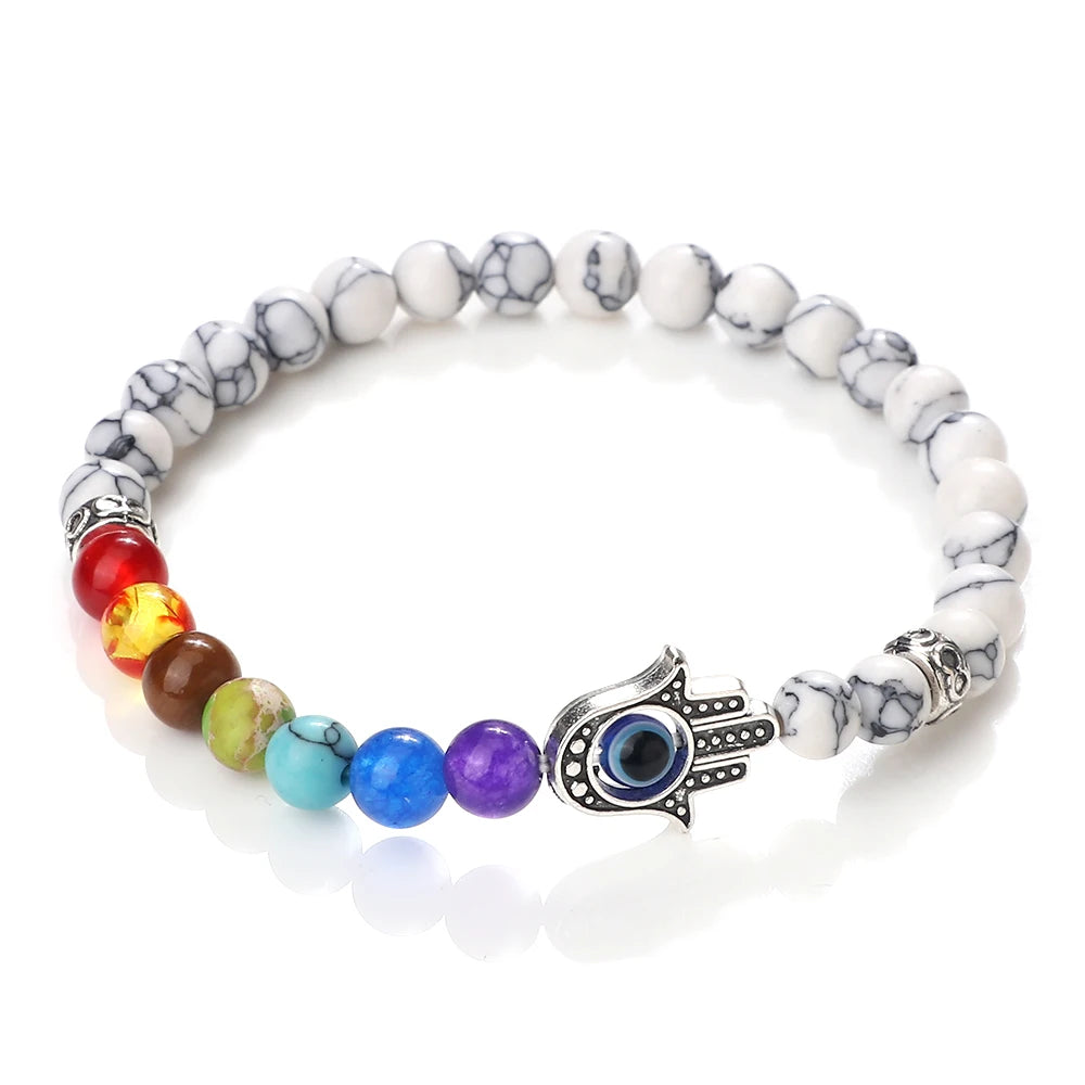 6mm天然石七脉轮弹力手链｜掌形邪眼护符 男女通用