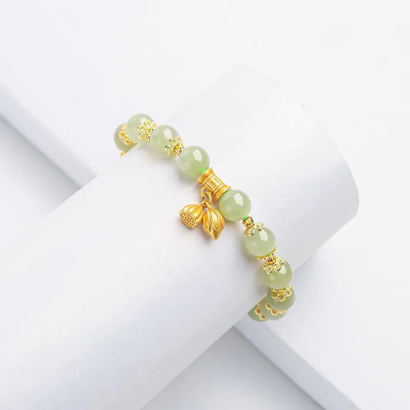 Golden Lotus Hetian Jade Beaded Bracelet — Green Serenity Charm
