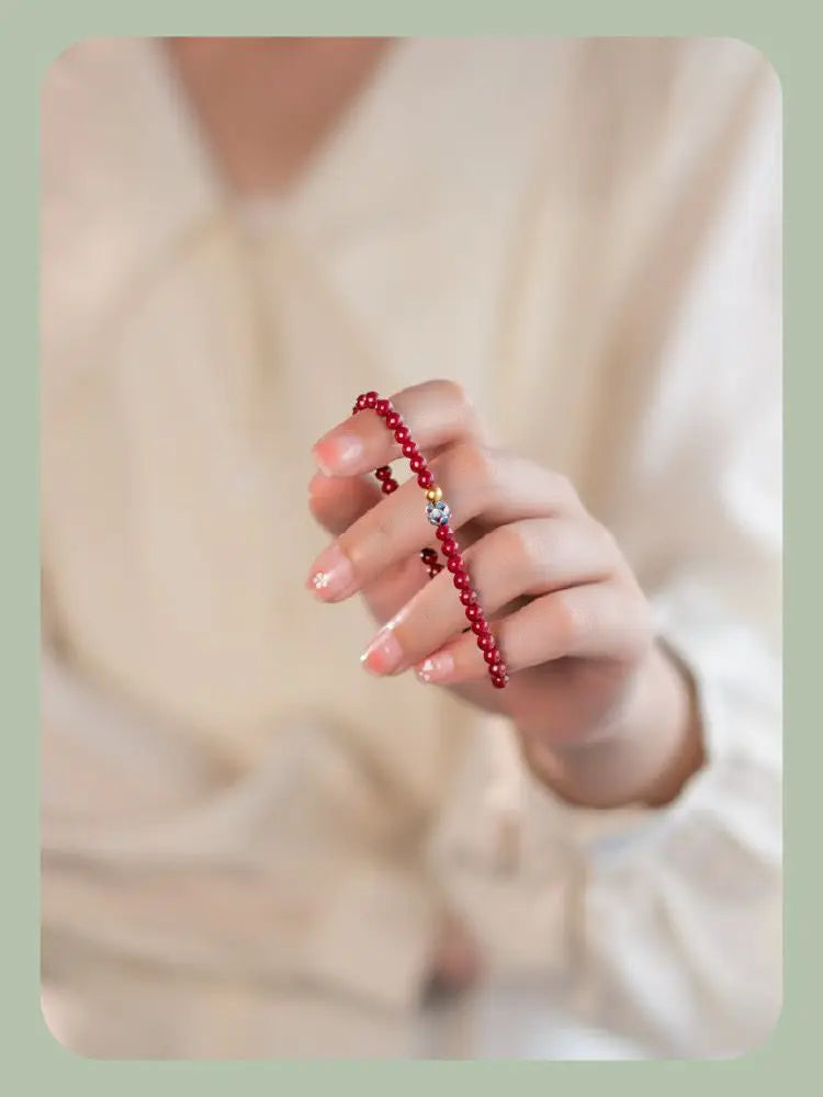 Natural Cinnabar & Blue Lotus Cloisonné Bracelet