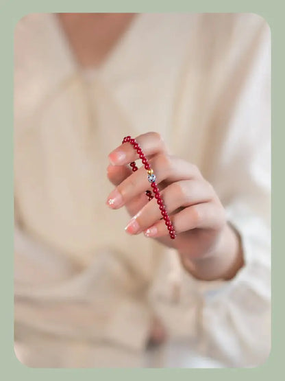 Natural Cinnabar & Blue Lotus Cloisonné Bracelet