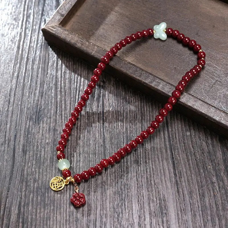 Double Circle Cinnabar-Style Bracelet with Pixiu & Gourd Pendant