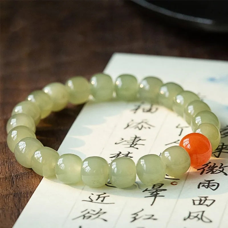 Hetian Green Jade Lotus Bead Bracelet — Feng Shui Charm