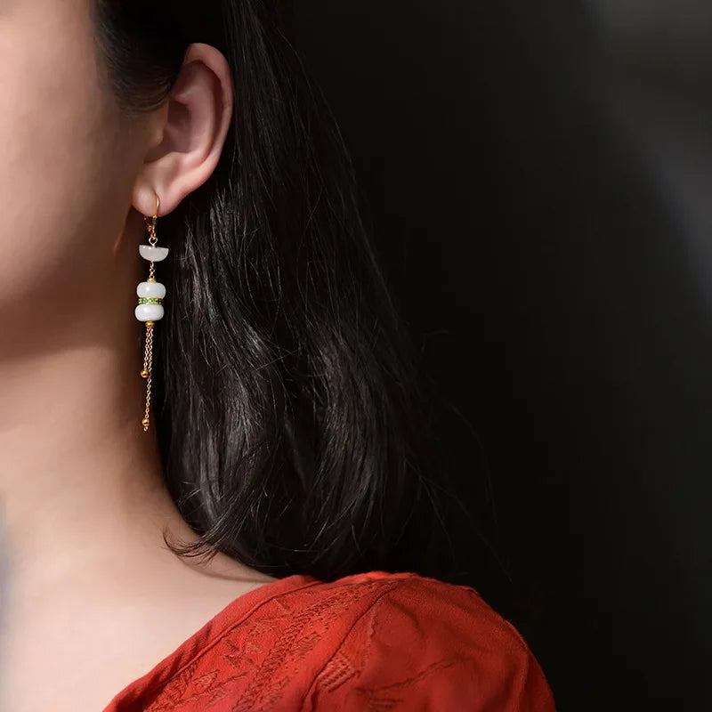 Hetian White Jade Tassel Earrings — Retro Feng Shui Elegance
