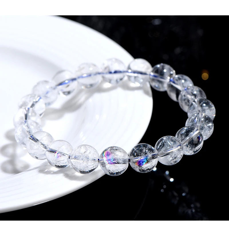 Natural Rainbow White Crystal & Jade Round Bead Bracelet — Feng Shui Charm