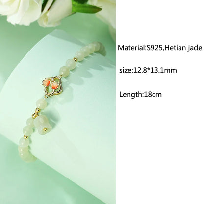 Hetian Jade Green Blossom Bracelet | 925 Silver Link