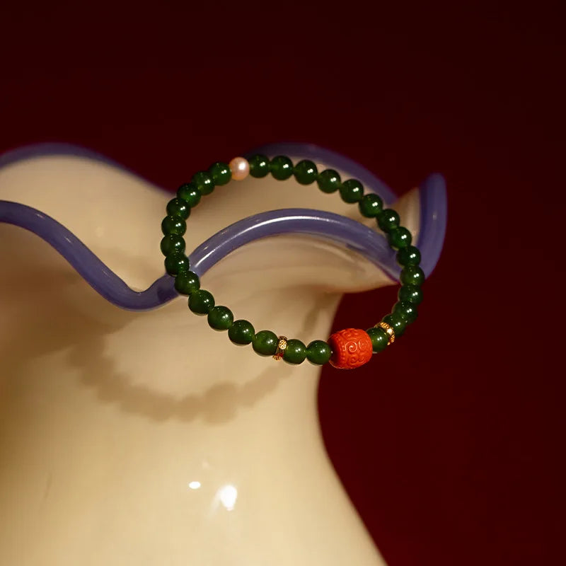 Hotan Jasper & 6mm Red Pearl S925 Bracelet — Fengshui Charm