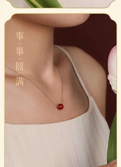 Natural Cinnabar Water-Drop Pendant Necklace｜Silver Chain Lucky Beads