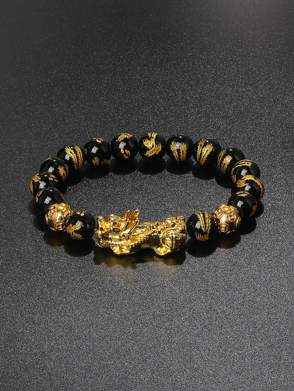 Gold Color Pi Xiu Bracelets Women Feng Shui Obsidian Wealth Pi Yao Bracelets Men 10m Dragon Mantra Bead Bangle Lucky Jewelry New