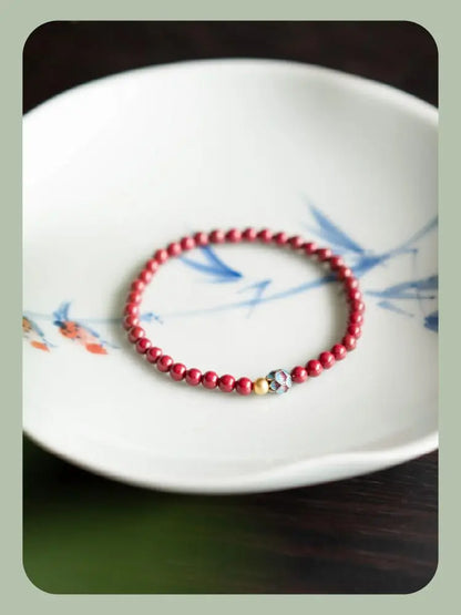 Natural Cinnabar & Blue Lotus Cloisonné Bracelet