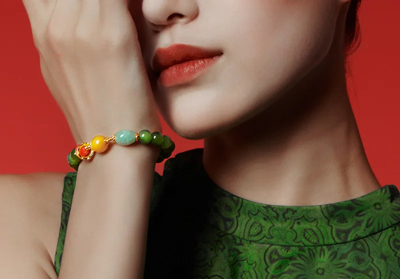 Hetian Jasper & Wax Amber Hand Chain｜Tibetan Silver Rope