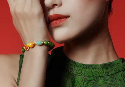 Hetian Jasper & Wax Amber Hand Chain｜Tibetan Silver Rope