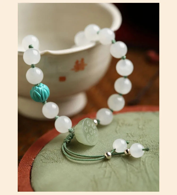 White Hetian Jade Lotus Beaded Bracelet — Handmade Feng Shui Crystal