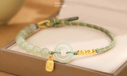 Natural Hetian Jade Lucky Buckle Braided Bracelet for Women