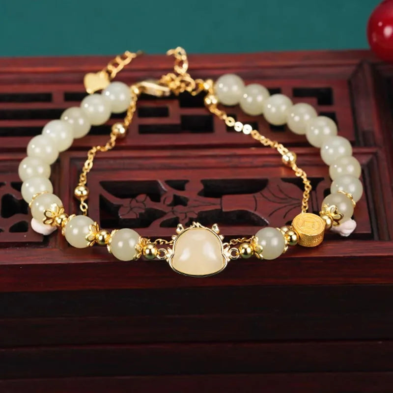 Hotan Jade Double-Layered Bracelet – Vintage Leaf Charm