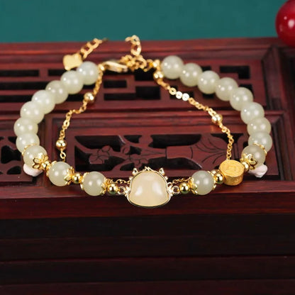 Hotan Jade Double-Layered Bracelet – Vintage Leaf Charm