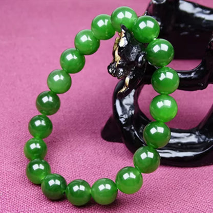Natural Green Jadeite Round Bead Bracelet with Hand Charm ｜ Adjustable Unisex Lucky Bangle